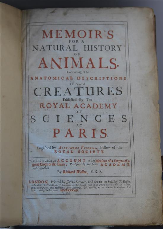 Perrault, Claude - The Natural History of Animals ... folio, rebound quarter calf with marbled boards, lacking